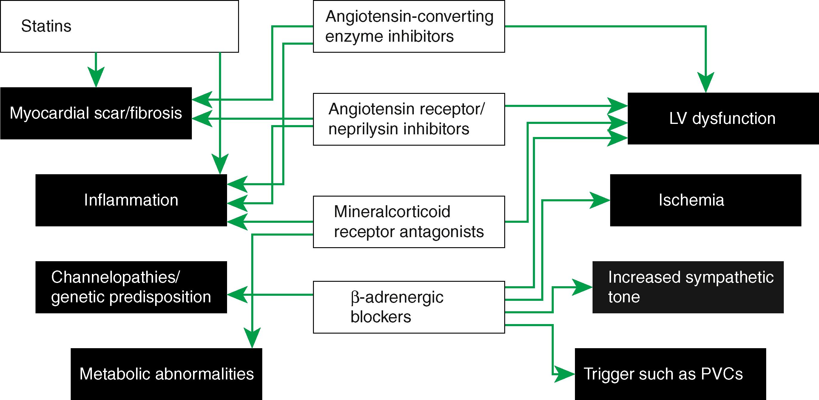 Fig. 118.1, Complex mechanisms of action of drugs that can reduce sudden cardiac death by targeting pathophysiologic mechanisms that predispose to ventricular arrhythmias or sudden cardiac death. LV, Left ventricle; PVCs, premature ventricular contractions.