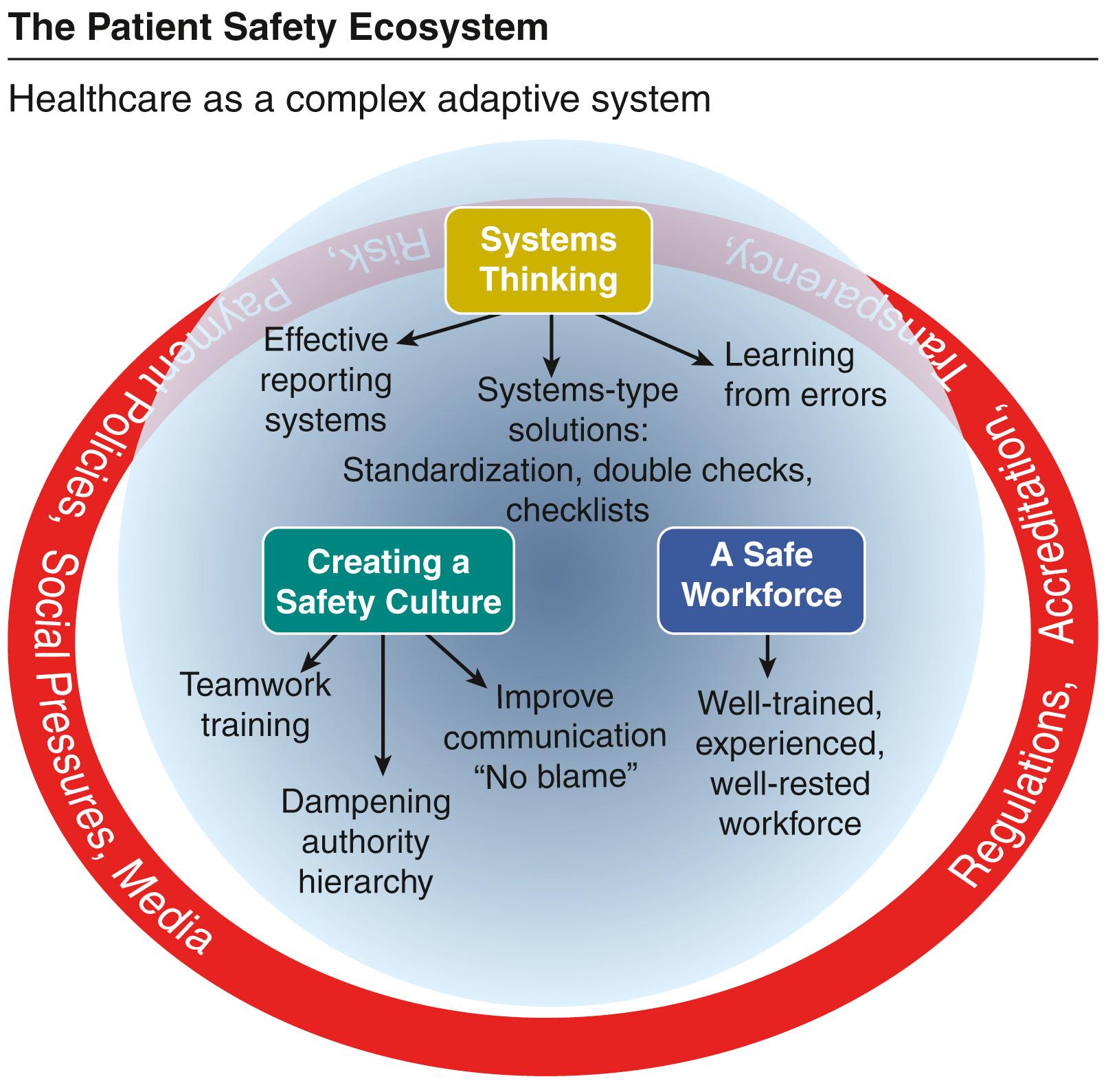 Figure 6.2, The “Patient Safety Ecosystem” consists of systems-based approaches to avoid errors, a culture in which open communication is valued, and a well-trained and well-rested workforce. These are created and influenced by a variety of external forces.