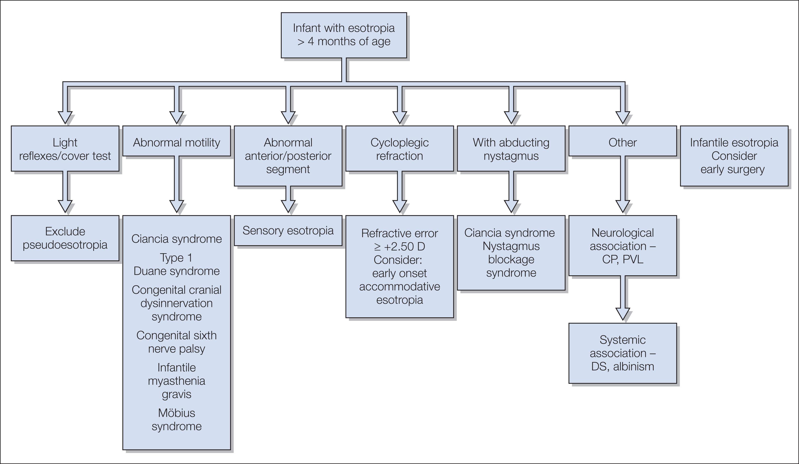 Fig. 77.2, Work-up of infant ≥4 months of age with esotropia. CP, Cerebral palsy; PVL, periventricular leukomalacia; DS, Down syndrome.