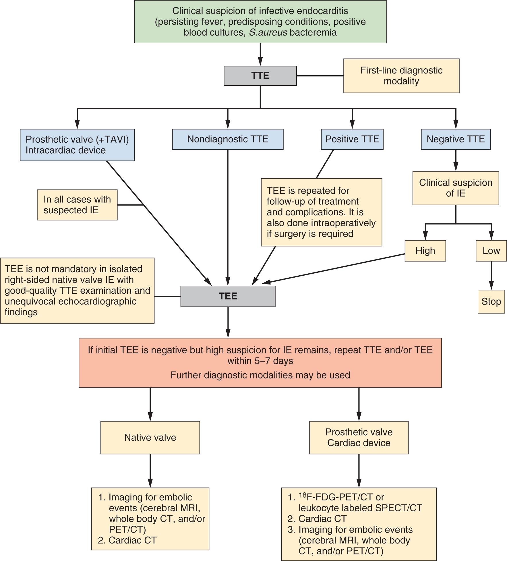 Fig. 117.1, Algorithm of Diagnostic Imaging Modalities in Suspected Infective Endocarditis.