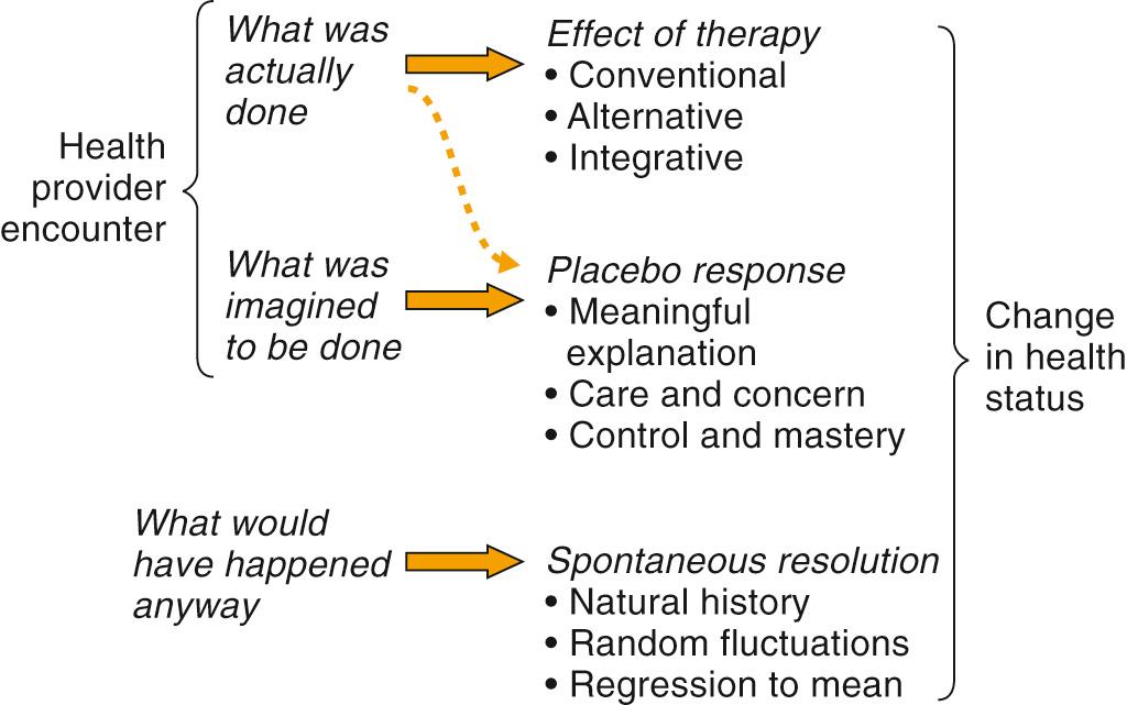 Fig. 2.1, Model depicting change in health status after a healing encounter. Dashed arrow shows that a placebo response may occur from symbolic significance of the specific therapy given or from interpersonal aspects of the encounter.