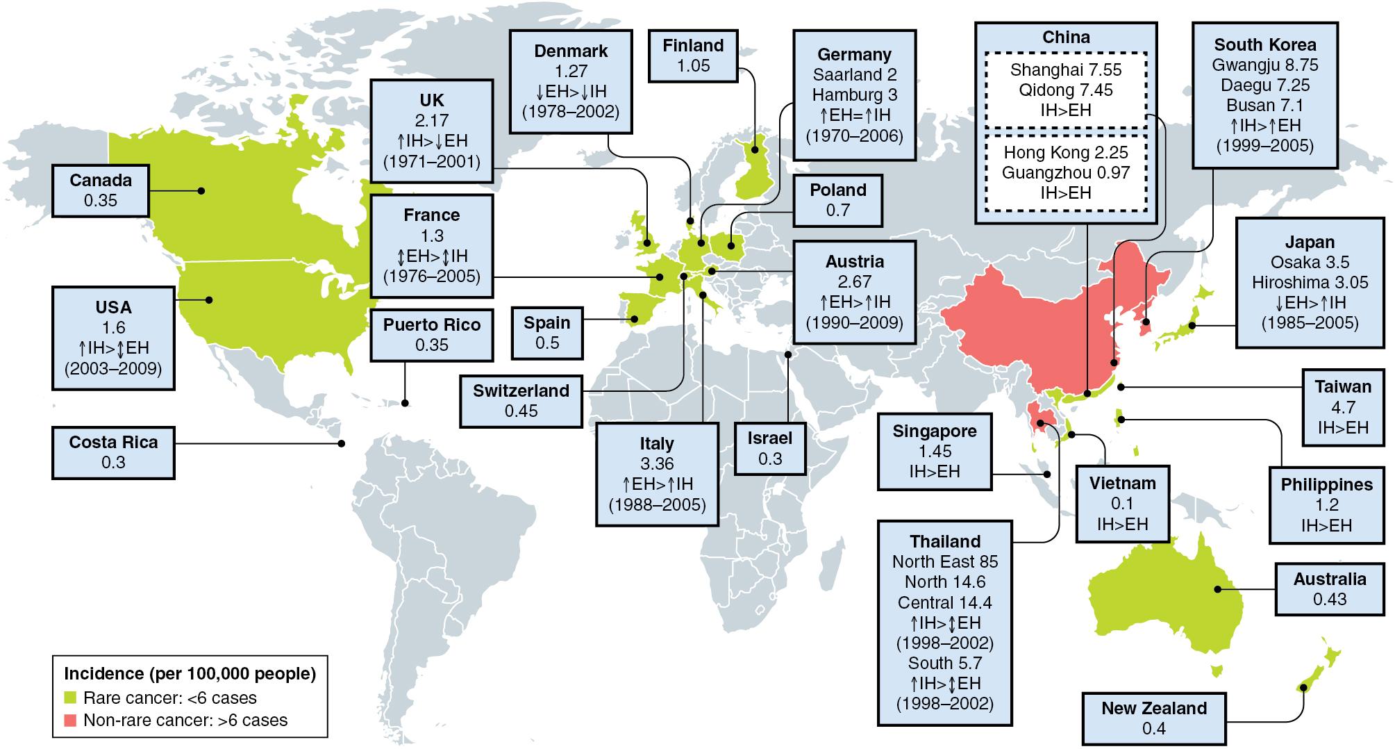 FIGURE 50.1, Graphic summarizing the worldwide incidence (cases per 100,000 population) of cholangiocarcinoma for the period 1971–2009.