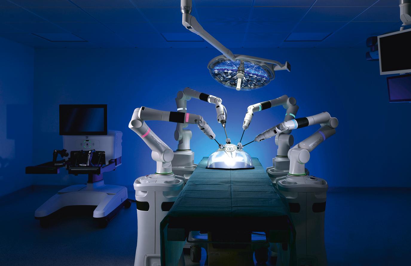 Figure 22.2, The CMR Versius robotic surgical platform demonstrating the separate modular robotic arms.