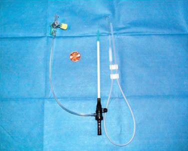 FIG 17.1, Development of a sheath that can provide access to the vascular system without continuous blood loss was a major advance, and it has been widely used during endovascular procedures. The side port allows flushing with heparinized saline to prevent clotting of the sheath. The sheath also protects endovascular devices as they are introduced and recovered from the vascular system.