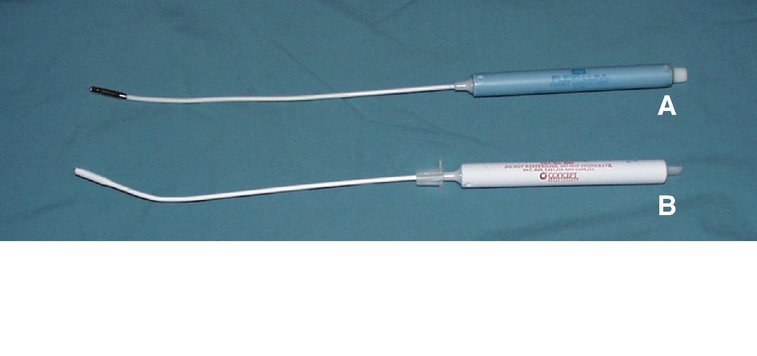 Fig. 22.6, Different lighted stylets: (A) Flexi-lum; (B) Tubestat. (Alero Inc., Chino, CA.)