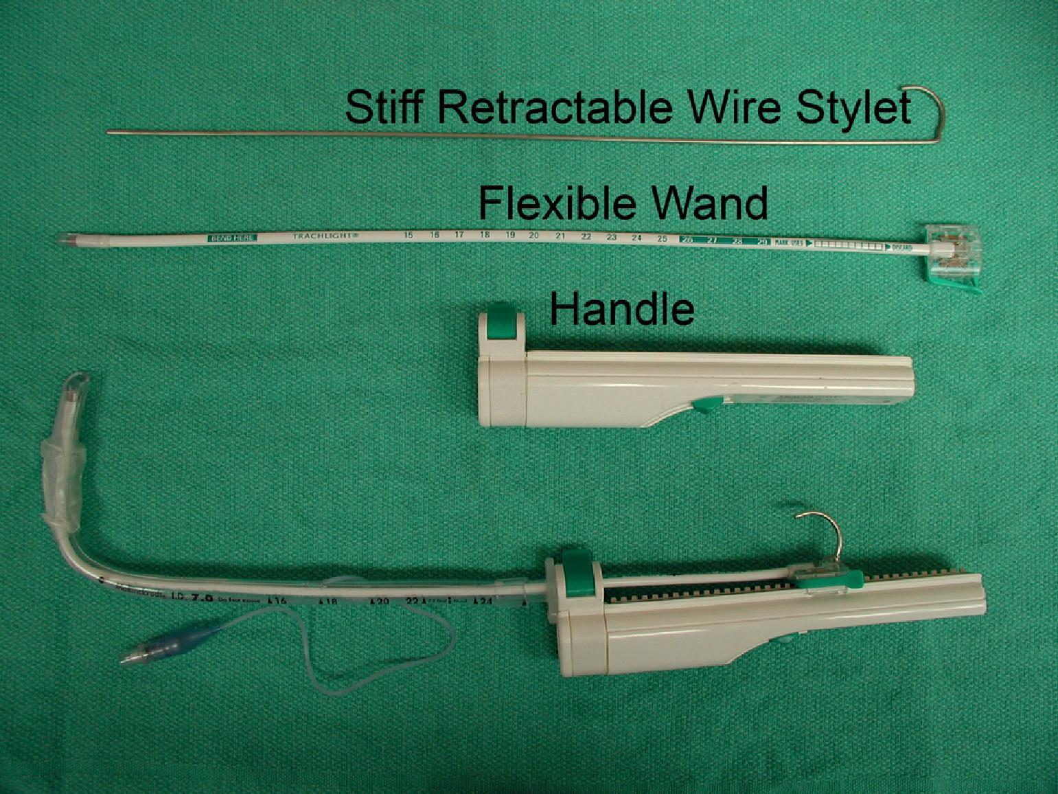 Fig. 22.7, The Trachlight consists of three parts: a handle, a flexible wand, and a stiff retractable wire stylet. With the lighted stylet placed inside the endotracheal tube (ETT), the endotracheal tube-lighted stylet unit is bent at a 90-degree angle just proximal to the cuff of the ETT in the shape of a “hockey stick” (Laerdal Medical Corp., Wappingers Falls, NY).