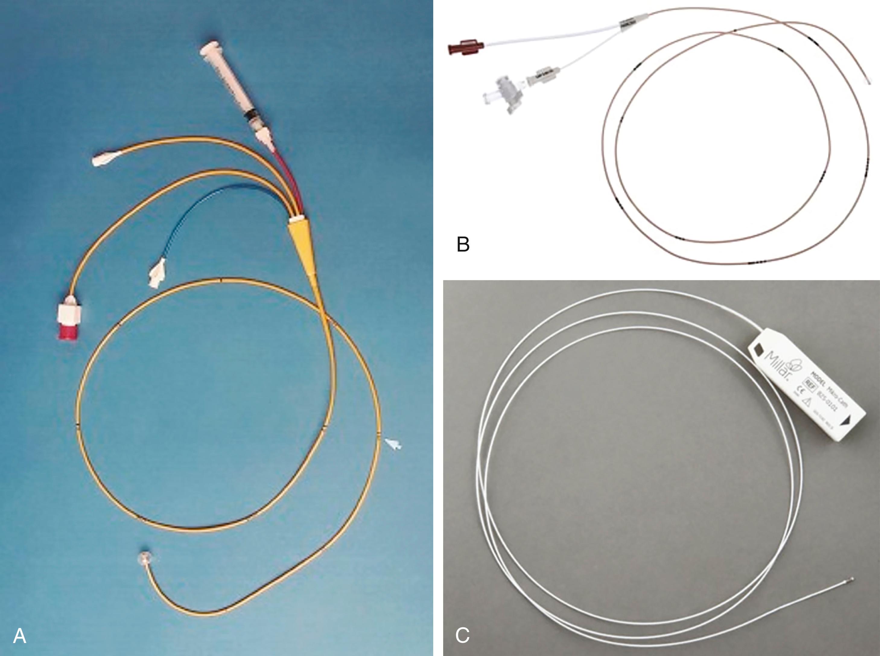 FIGURE 22.10, A, Typical Swan-Ganz catheter. The proximal ports, left to right, are the proximal injection hub, thermistor connector, distal lumen hub, and balloon inflation valve with syringe. The distal end of the catheter has a balloon and a distal end hole. The proximal injectate port exits 30 cm from the distal end of the lumen ( arrow ). The thermistor lies just proximal to the balloon. B, Example of a balloon wedge catheter, which has only one port besides the balloon inflation valve. C, Example of a diagnostic pressure catheter.