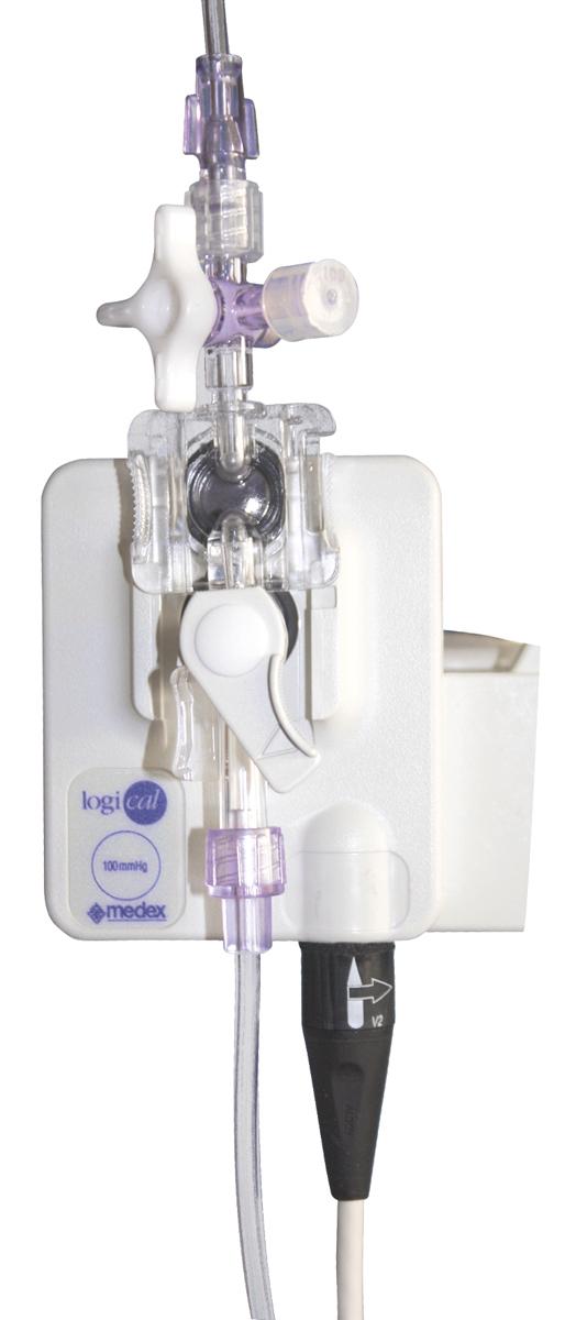 Fig. 11.4, Medex integrated pressure transducer. Note the flushing device just distal to the transducer.