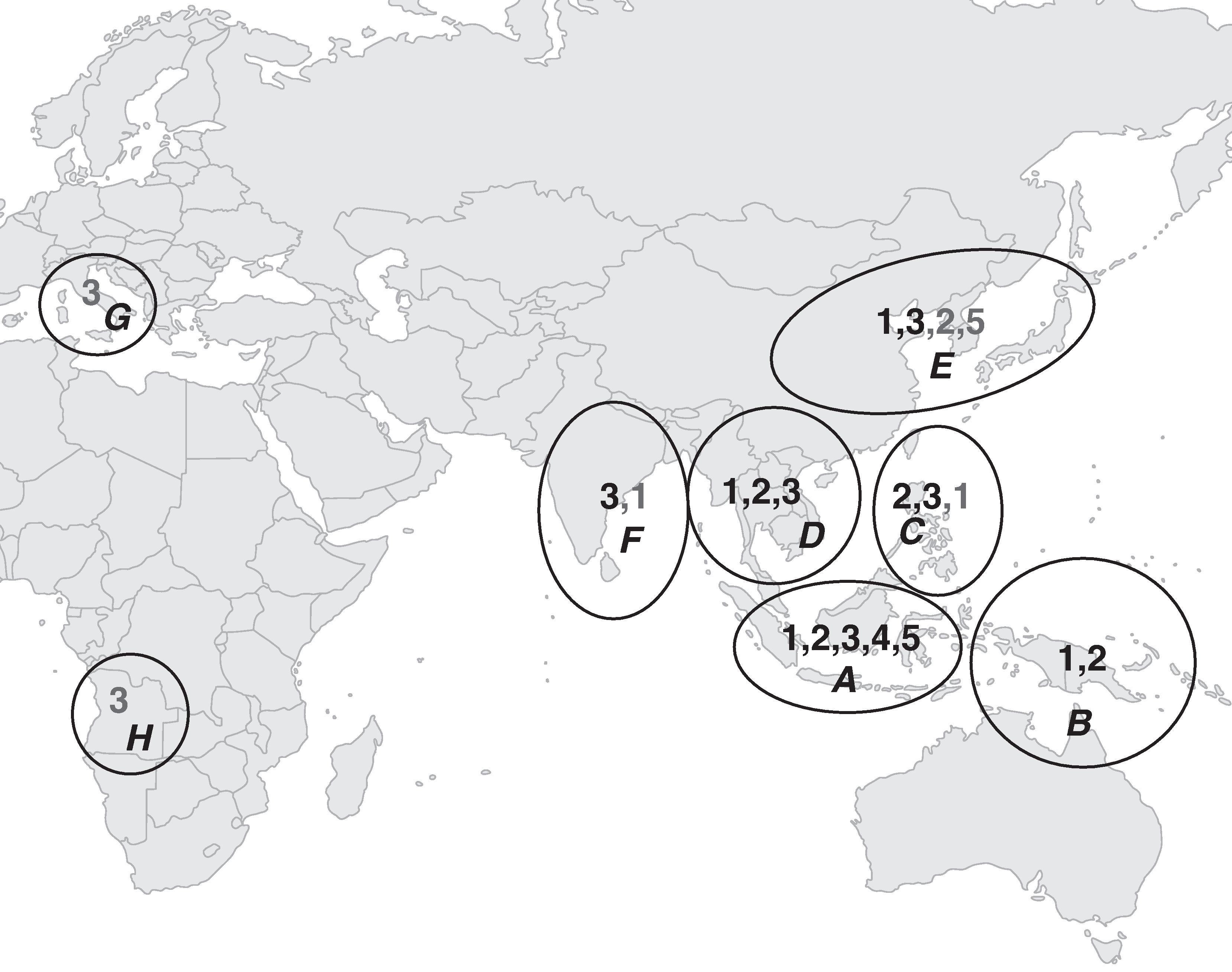 Fig. 35.5, Geographic distribution of Japanese encephalitis virus (JEV) genotypes 1–5. (A–F) Risk areas for JEV transmission in Asia and the Pacific. (A) Malaysia and Indonesia (excluding New Guinea); (B) Australia and New Guinea; (C) Taiwan and the Philippines; (D) Thailand, Cambodia, Vietnam, Laos, and Myanmar; (E) China, Japan, and South Korea; and (F) India, Sri Lanka, and Nepal. (G and H) Areas with possible JEV transmission. (G): Italy; (H): Angola. The numbers in each circle are JEV genotypes that have become endemic in the region. The black numbers in the circles are JEV genotypes prevalent before 2000, and the gray numbers are genotypes that have emerged after 2000.