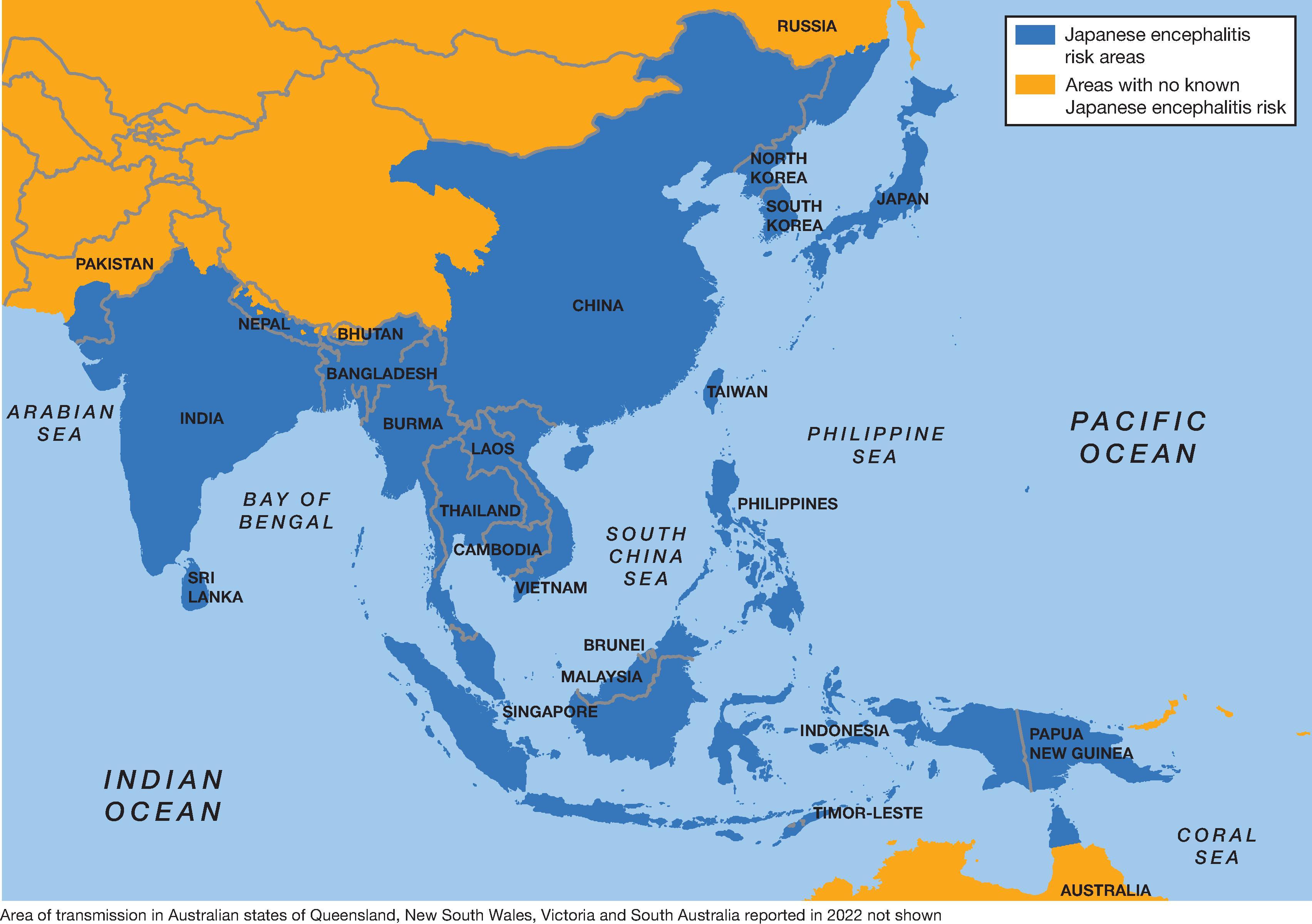 Fig. 35.6, Areas with proven or suspected enzootic Japanese encephalitis viral transmission.