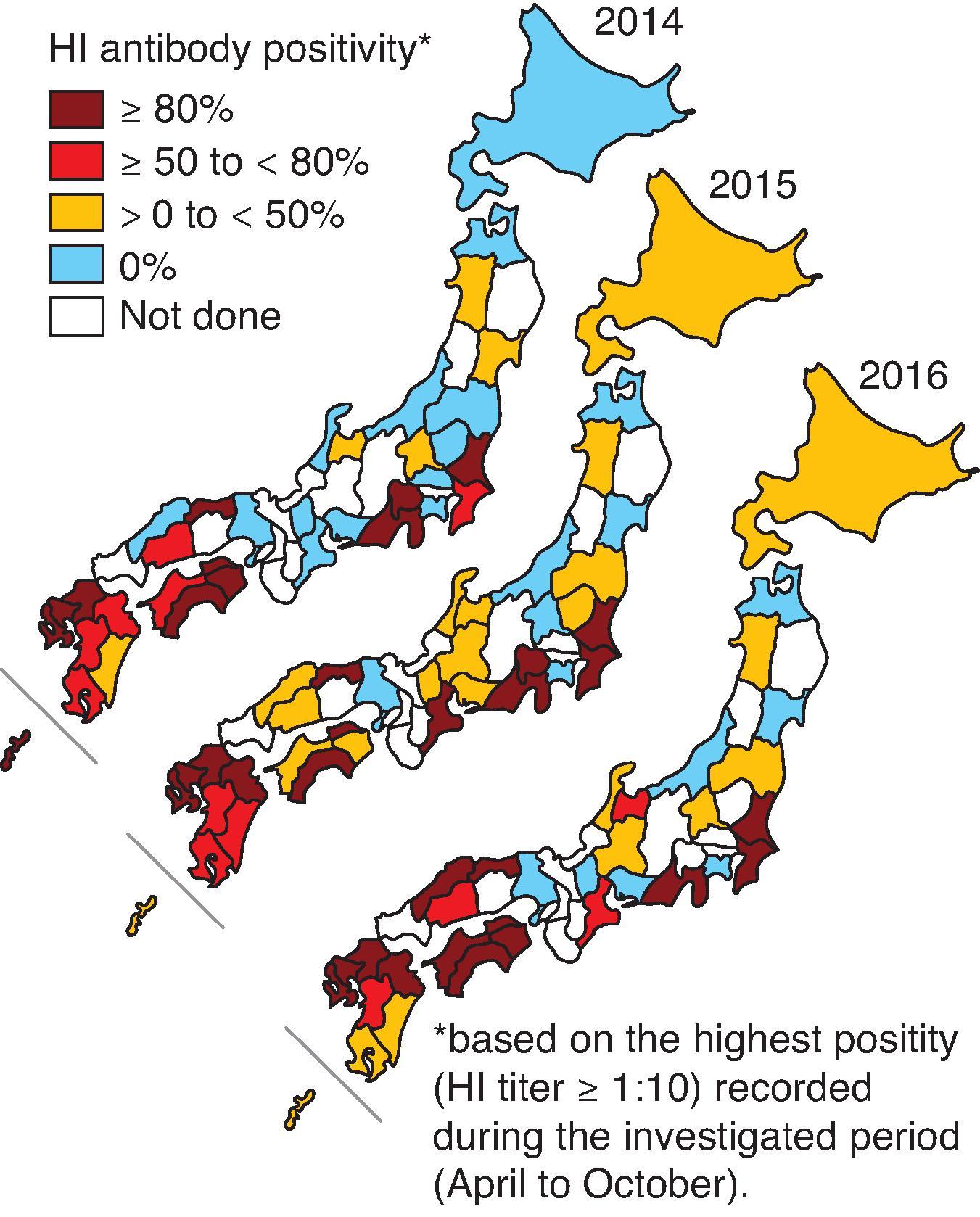 Fig. 35.10, Japanese encephalitis (JE) seroprevalence in pigs by district, Japan, 2014–2016. Testing by hemagglutination inhibition assay. While few human JE cases are reported in Japan because of high vaccination coverage, the virus continues to be transmitted in its enzootic cycle, as demonstrated by ongoing serologic evidence of infections in pigs