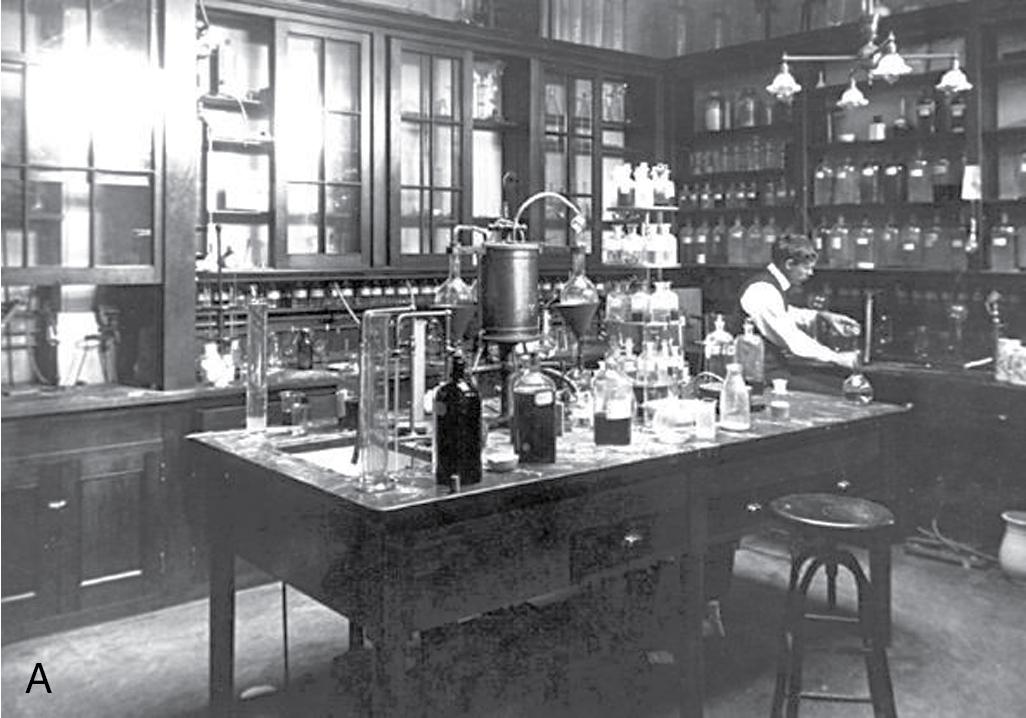 FIGURE 1.2, Early and modern clinical laboratories. The legendary Otto Folin in his biochemistry laboratory at McLean Hospital in Boston in 1905 and the University of Utah Clinical Laboratory/ARUP Laboratories, Salt Lake City, UT, more than a century later.