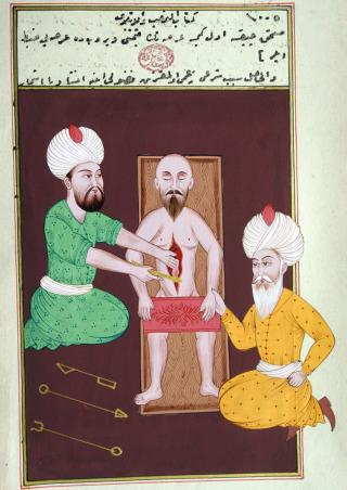 Figure 1.12, An unusual colored illustration of an anatomic dissection being done by Arabic/Islamic physicians. Often thought to have been forbidden by the Koran, anatomic dissections were done in the Byzantine and Medieval periods by this group of physicians and anatomists.