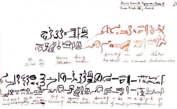 Figure 1.4, A manuscript leaf from the Breasted translation of the Hearst papyrus discussing a head injury.