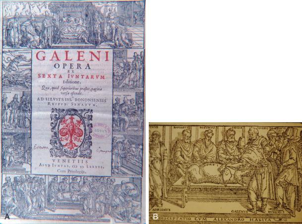 Figure 1.7, (A) Title page from Galen's Opera Omnia , Juntine edition, Venice. The border contains a number of allegoric scenes showing the early practice of medicine. (B) The bottom middle panel is shown here enlarged in which Galen is performing his classic study on the section of the recurrent laryngeal nerve and resulting hoarseness in the pig.