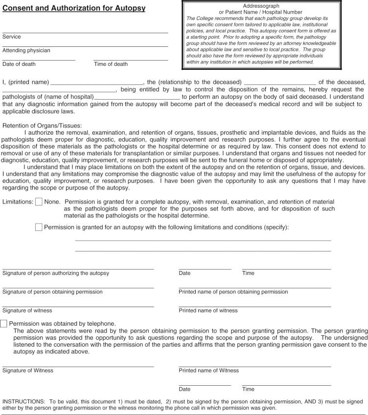 Figure 2-1, Consent and authorization form for autopsy.