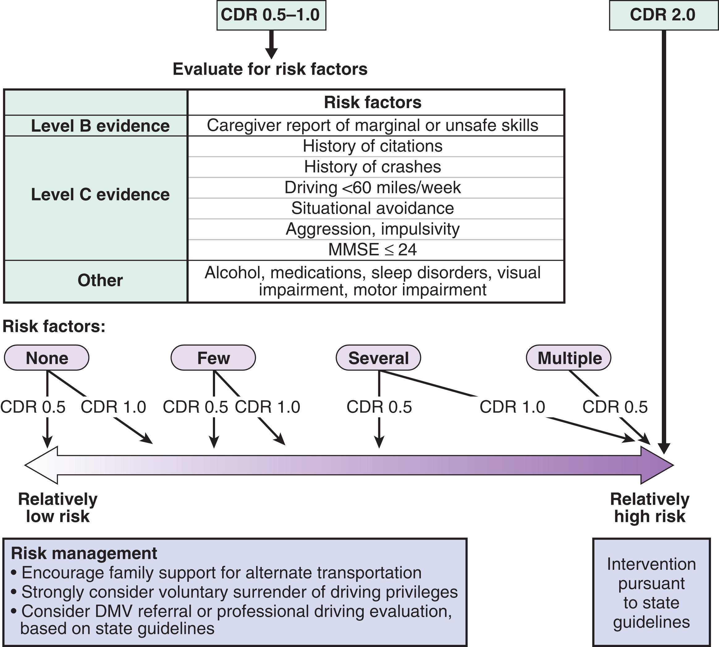 Fig. 28.1, Possible algorithm for evaluating driving competence and risk management in patients with dementia. CDR , Clinical Dementia Rating Scale; DMV , Department of Motor Vehicles; MMSE , Mini-Mental State Examination.