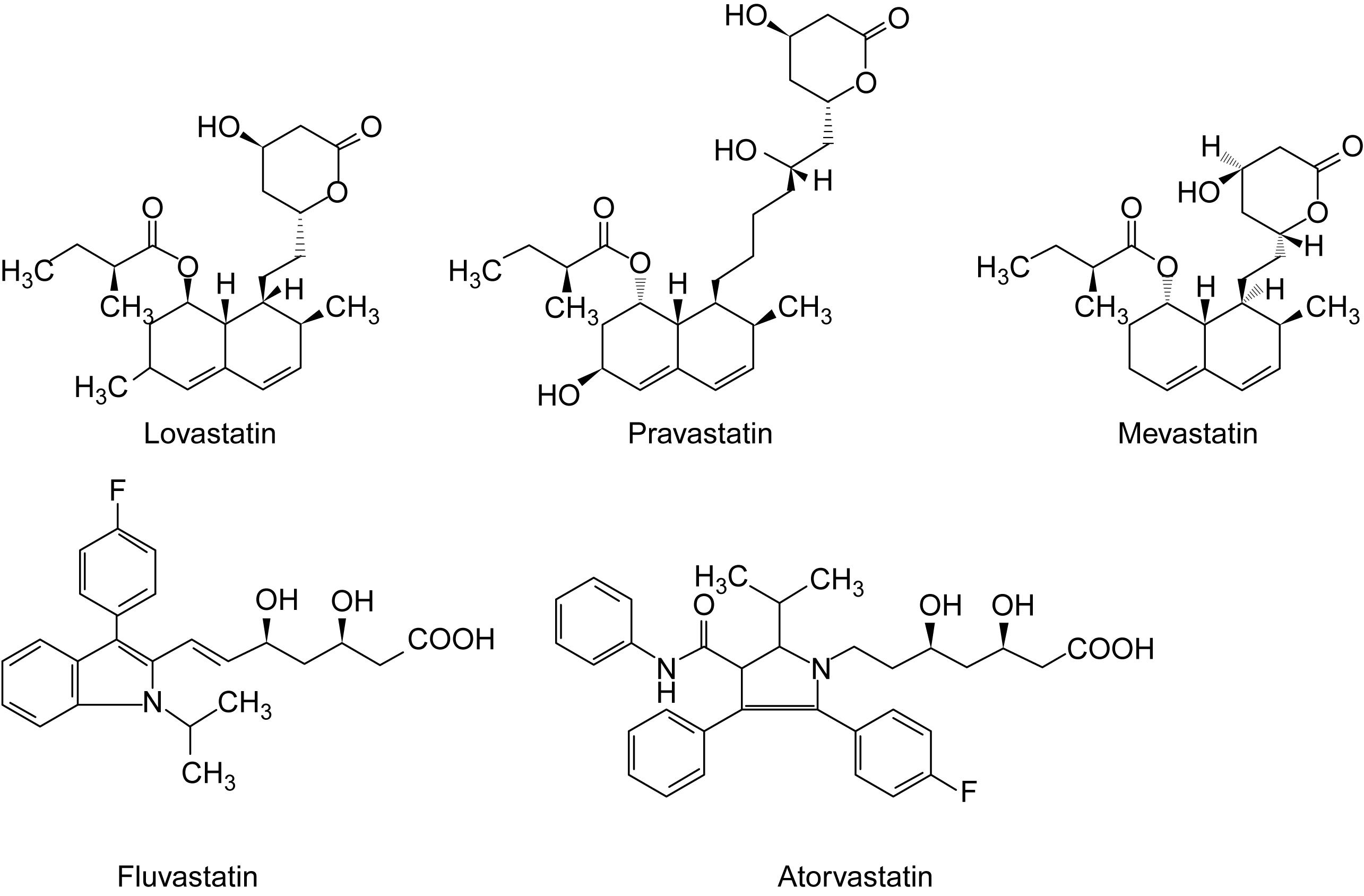 Figure 9.9, Some statin competitive inhibitors of HMG-CoA reductase used to treat high levels of circulating cholesterol.