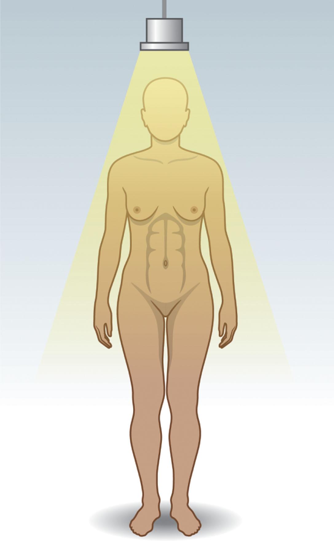 Figure 28.2, Lighting positioned above the patient to promote the effect of lights and shadows.