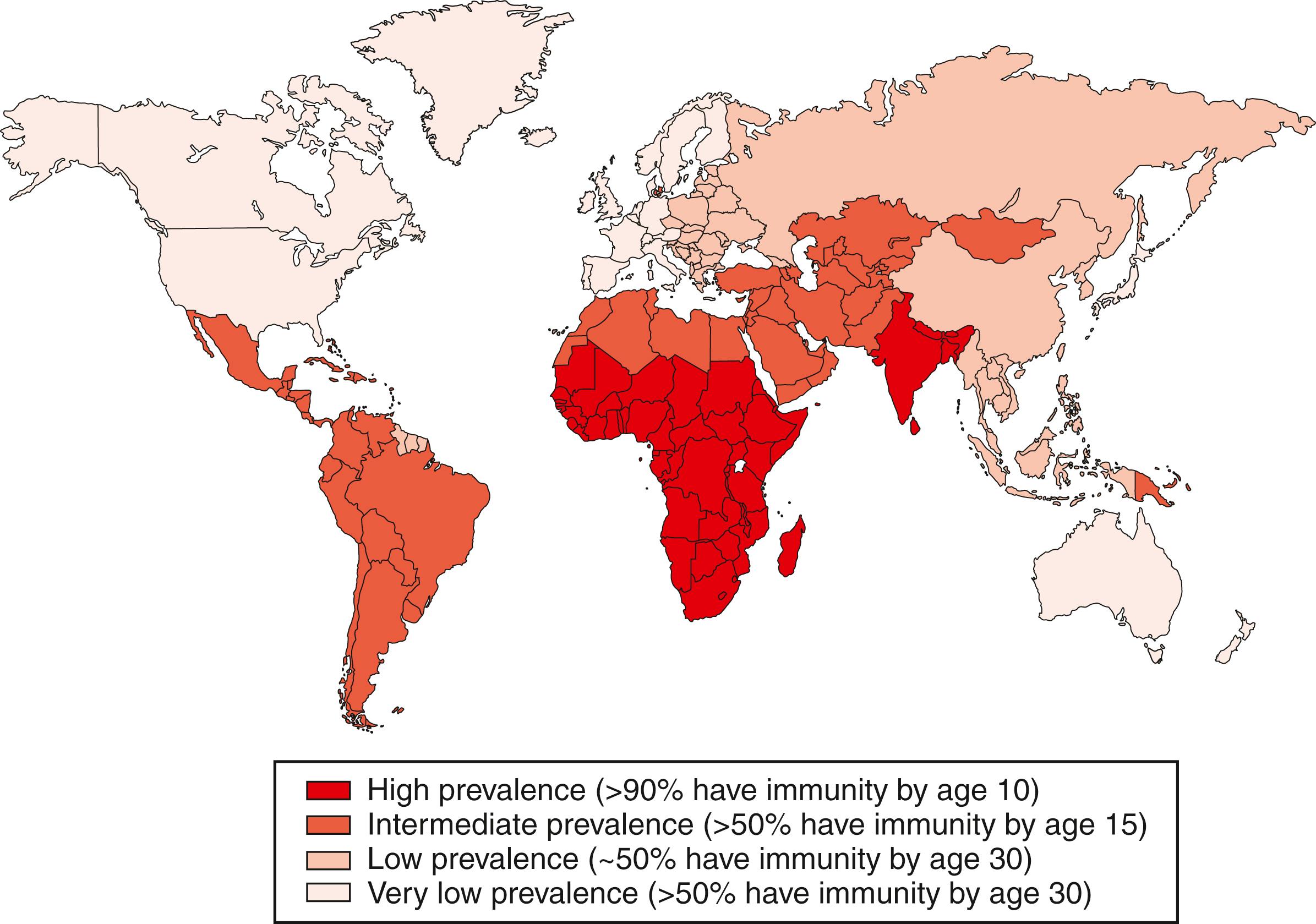 Fig. 76.1, Worldwide distribution of hepatitis A.