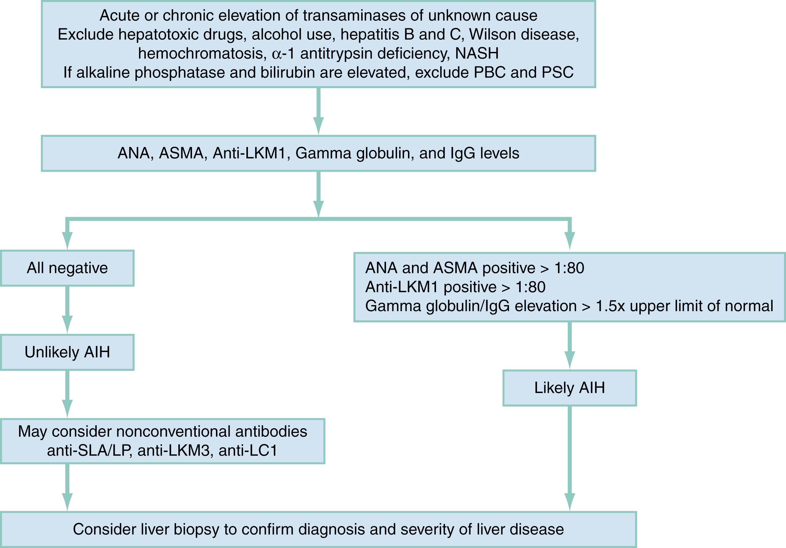 Fig 76.14, Diagnostic algorithm in autoimmune hepatitis.