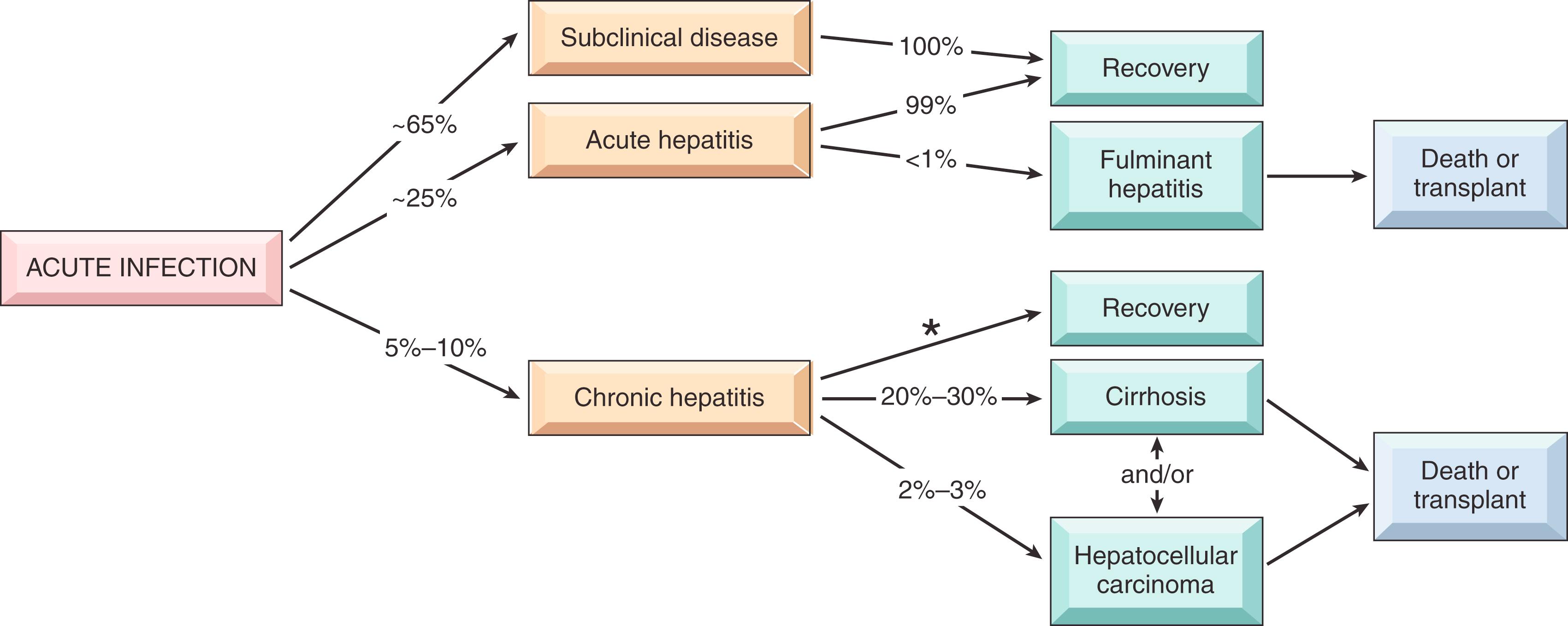 FIG. 14.9, Potential outcomes of hepatitis B infection in adults, with their approximate frequencies in the United States. ∗Spontaneous HBsAg clearance occurs during chronic HBV infection at an estimated annual incidence of 1% to 2% in Western countries. As mentioned in the text, fulminant hepatitis and acute hepatic failure are used interchangeably.