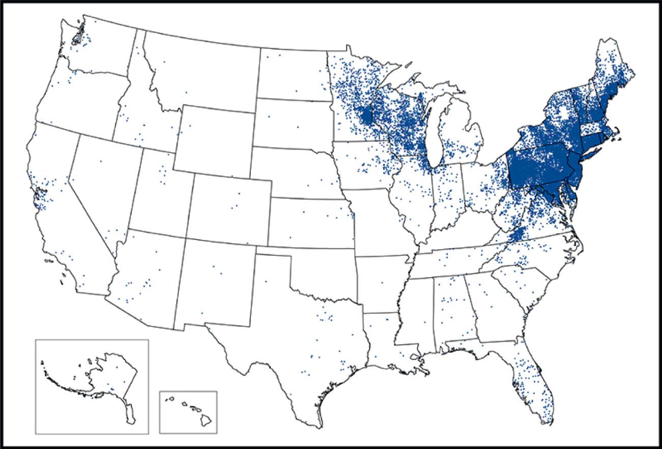 Fig. 249.1, The geographic distribution of Lyme disease cases in the United States.