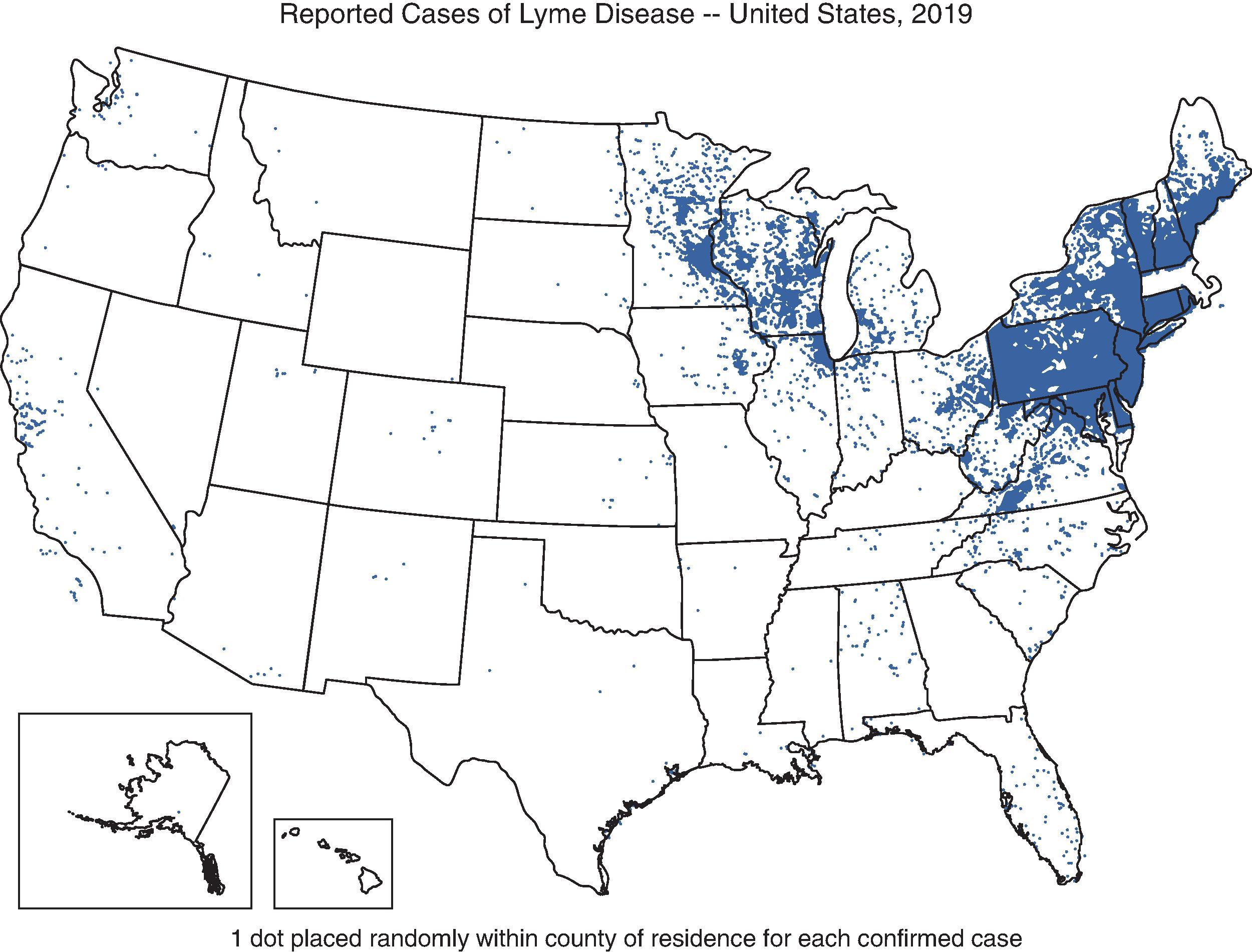 Fig. 36.3, Reported cases of Lyme disease, United States, 2019.
