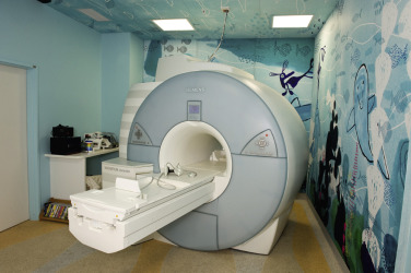 FIG 6-4, Mock MRI scanner. The mock MRI machine looks like a real MRI machine, but it does not have a magnet and does not take MRIs.