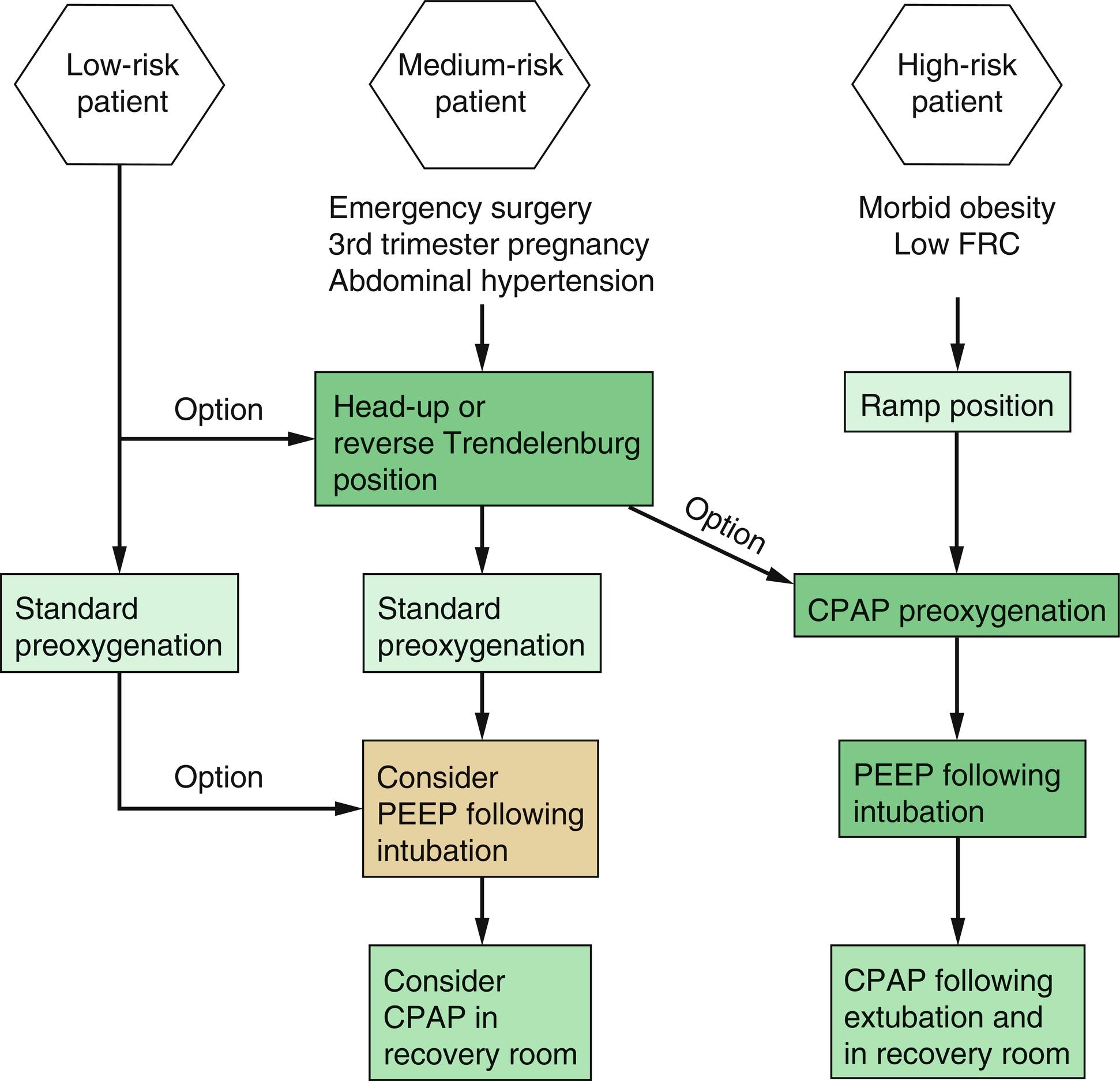 Fig. 33.2, Preoxygenation for prevention of atelectasis. CPAP , Continuous positive airway pressure; FRC , functional residual capacity; PEEP , positive end-expiratory pressure.