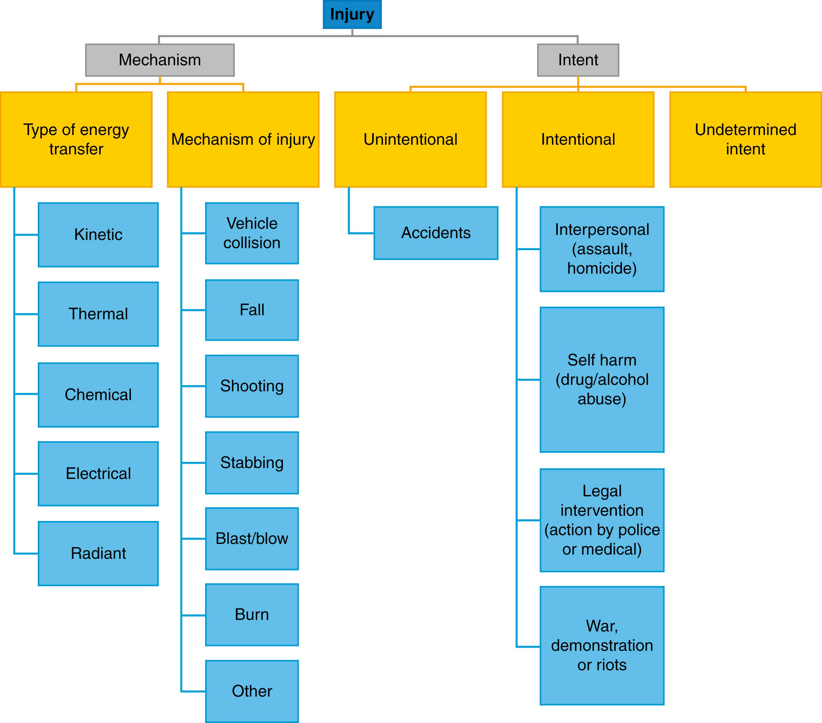 Fig. 15.1, A Schematic Illustration of the Classification of Injury in Terms of Range of Energy Sources, Injury Mechanisms and Circumstances.