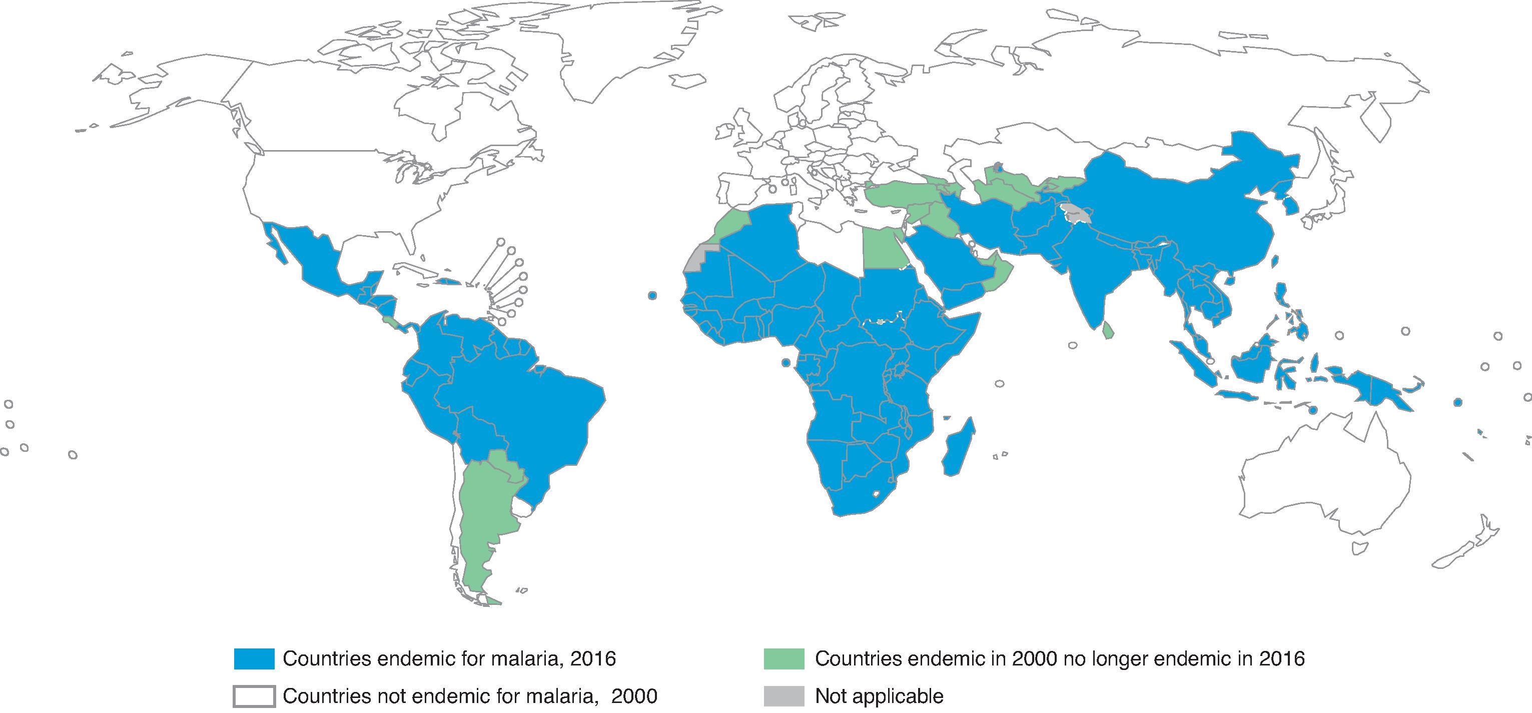 Fig. 314.1, Global spatial distribution of malaria, 2000 compared to 2016.