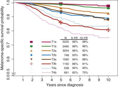 Fig. 48.1, Kaplan-Meier melanoma-specific survival curves according to T subcategory for patients with stages I and II melanoma.