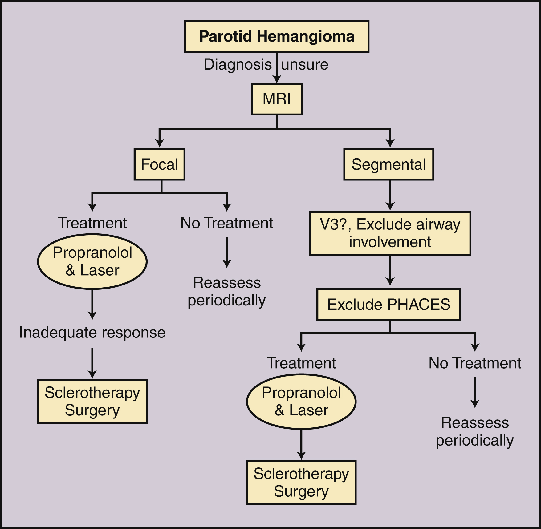 Fig. 63.3, Decision tree for management of parotid hemangiomas. MRI , magnetic resonance imaging.