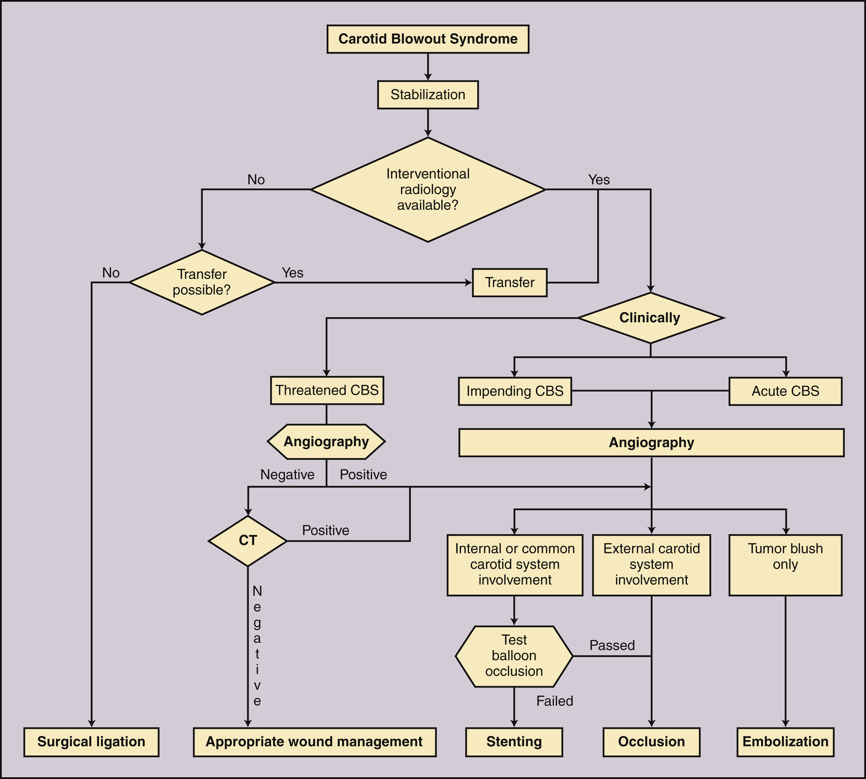 Fig. 63.8, Management algorithm for carotid blowout syndrome ( CBS ). Morrissey and colleagues proposed a decision tree for the management of CBS. CT , computed tomography.