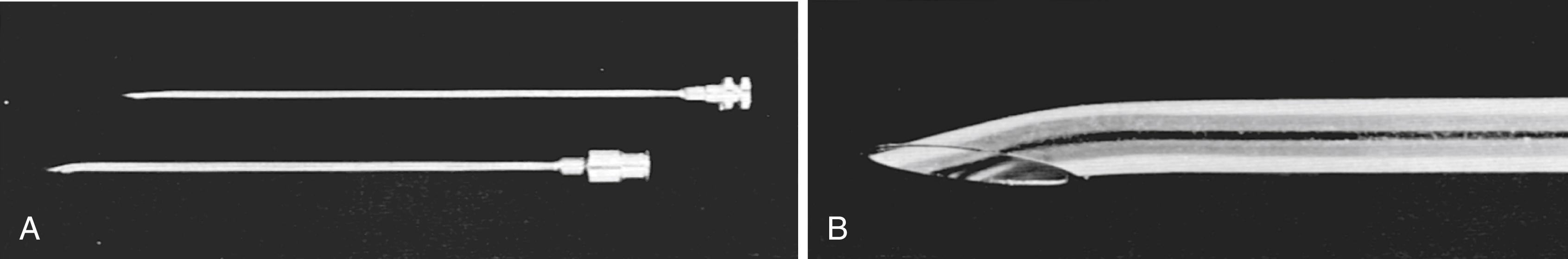 Fig. 55.2, (A) Tuohy needles used for lumbar puncture. (B) Close-up image of the end of a Tuohy needle.