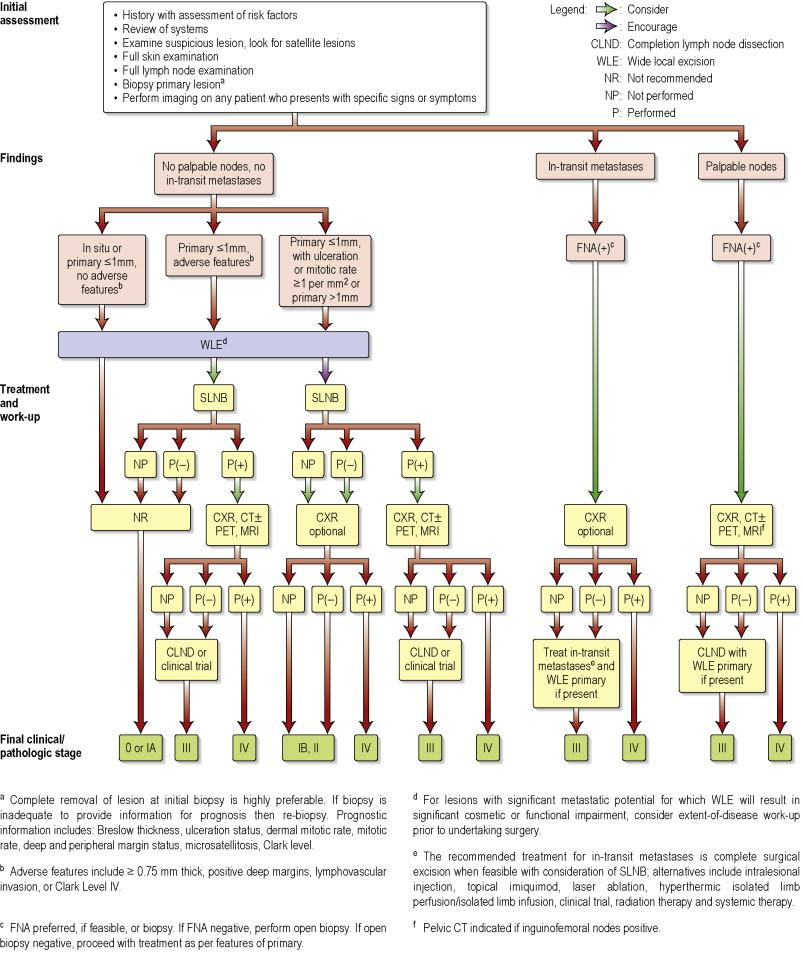 Figure 28.1, Schema for staging and initial management of melanoma based on NCCN guidelines. 2a Footnotes reproduced with permission from the NCCN Clinical Practice Guidelines in Oncology (NCCN Guidelines™) for Melanoma V.1.2011 . © 2010 National Comprehensive Cancer Network, Inc. All rights reserved. The NCCN Guidelines™ and illustrations herein may not be reproduced in any form for any purpose without the express written permission of the NCCN. To view the most recent and complete version of the NCCN Guidelines, go online to HYPERLINK http://www.nccn.org/NCCN.org . NATIONAL COMPREHENSIVE CANCER NETWORK®, NCCN®, NCCN GUIDELINES™, and all other NCCN Content are trademarks owned by the National Comprehensive Cancer Network, Inc.