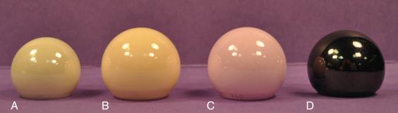 Fig. 6.1, Ceramic femoral heads for total hip arthroplasty made from (A) zirconia, (B) alumina, (C) zirconia-toughened alumina, and (D) oxidized zirconium.