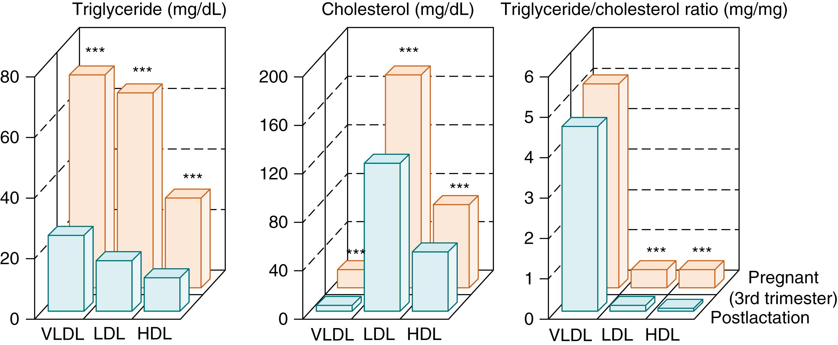 Fig. 31.1, Plasma lipoprotein lipids in women in the third trimester of pregnancy and after lactation. Asterisks indicate significant differences between the two groups. HDL, High-density lipoprotein; LDL, low-density lipoprotein; VLDL, very low-density lipoprotein.