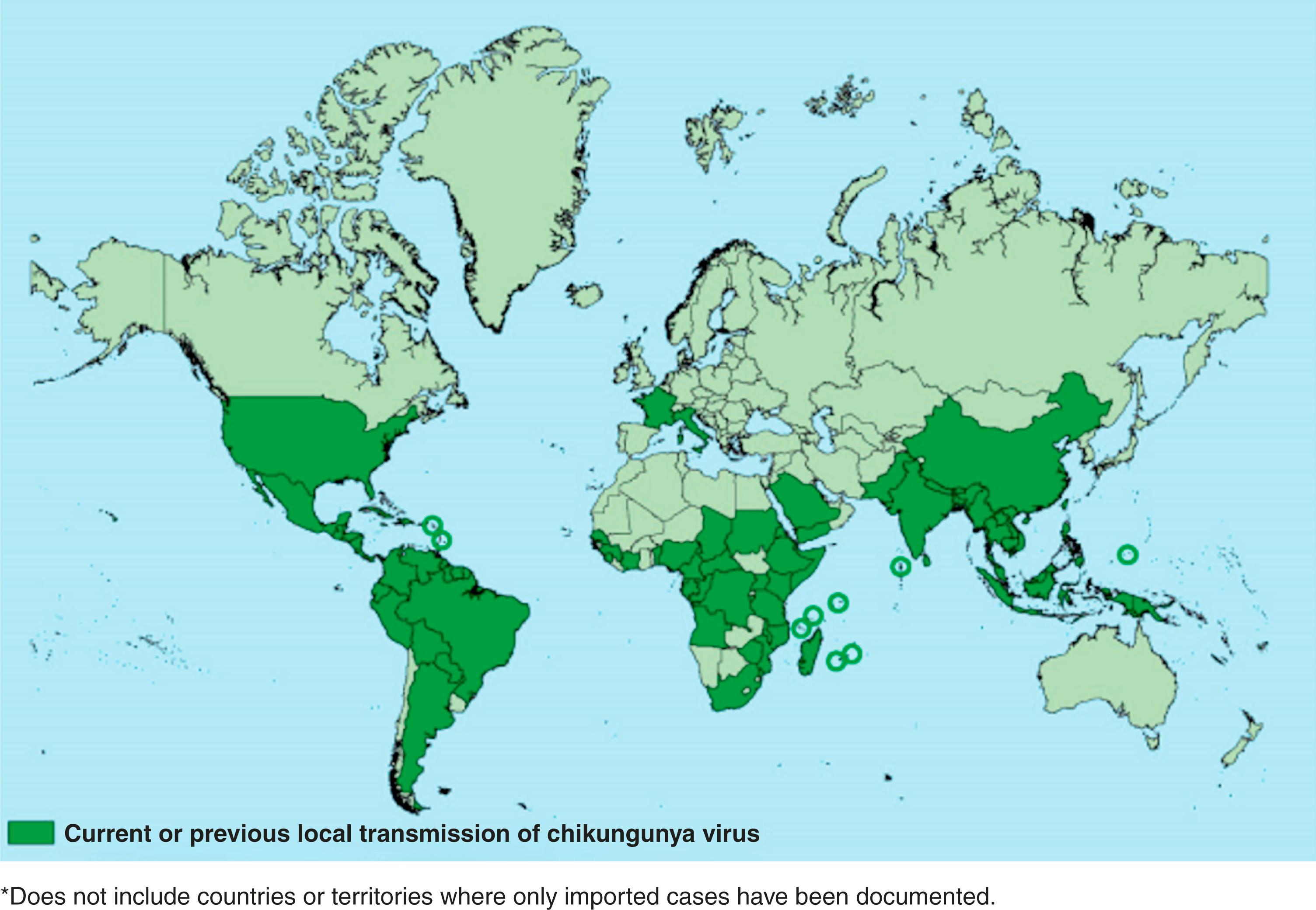 Figure 49.1, Countries and territories where chikungunya cases have been reported (as of October 2020).