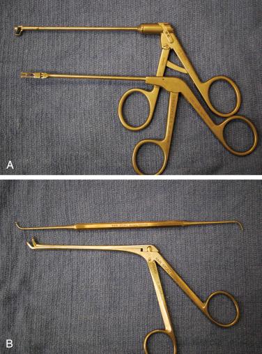 Fig. 6.6, Photographs of instruments used in maxillary antrostomy. (A) Downbiter and backbiter forceps. (B) Ball-tip probe and 45-degree Blakesley forceps.