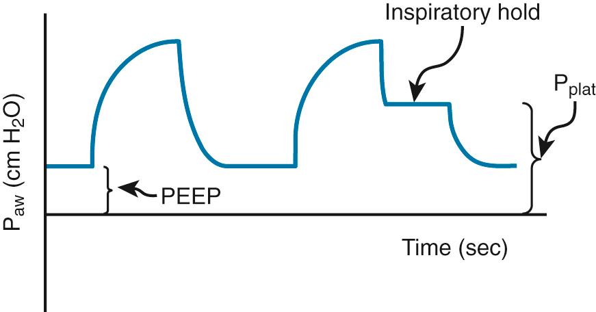 Figure 8.1, Schematic of a pressure-time curve showing an inspiratory breath-hold and subsequent plateau pressure (P plat ) measurement. P aw , Airway pressure; PEEP, positive end-expiratory pressure.