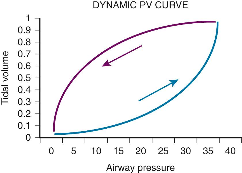 Figure 8.4, Dynamic pressure-volume (PV) loop. Note that as soon as pressure is delivered to the airway, there is an increase in measured tidal volume. The lower arrow denotes inspiration and the upper arrow indicates exhalation. This indicates that the airways are open and do not need to be forced open by increasing the pressure in the airway. If this latter case were true, the PV loop would initially be flat along the x-axis.