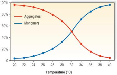 Figure 7.6, Diagrammatic representation of the percentage of detergent aggregates versus monomers is a correlation of the solution temperature.