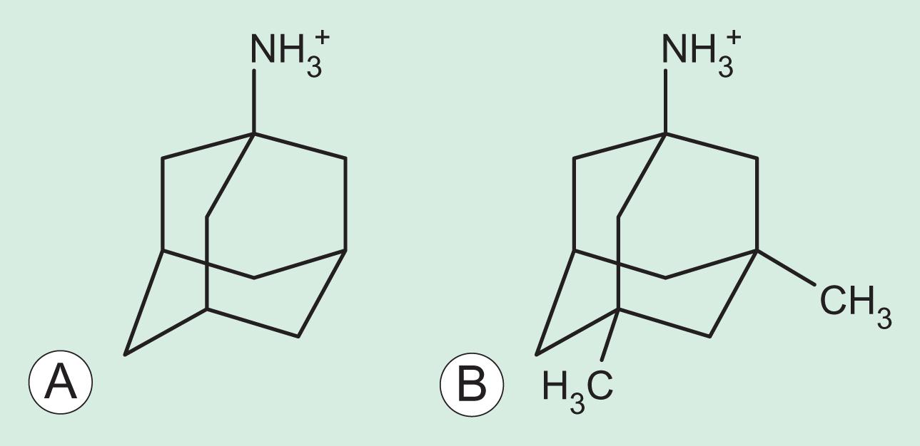 Fig 20.2, Chemical structure of amantadine (Symmetrel [ A ]) and memantine (Namenda [ B ]).