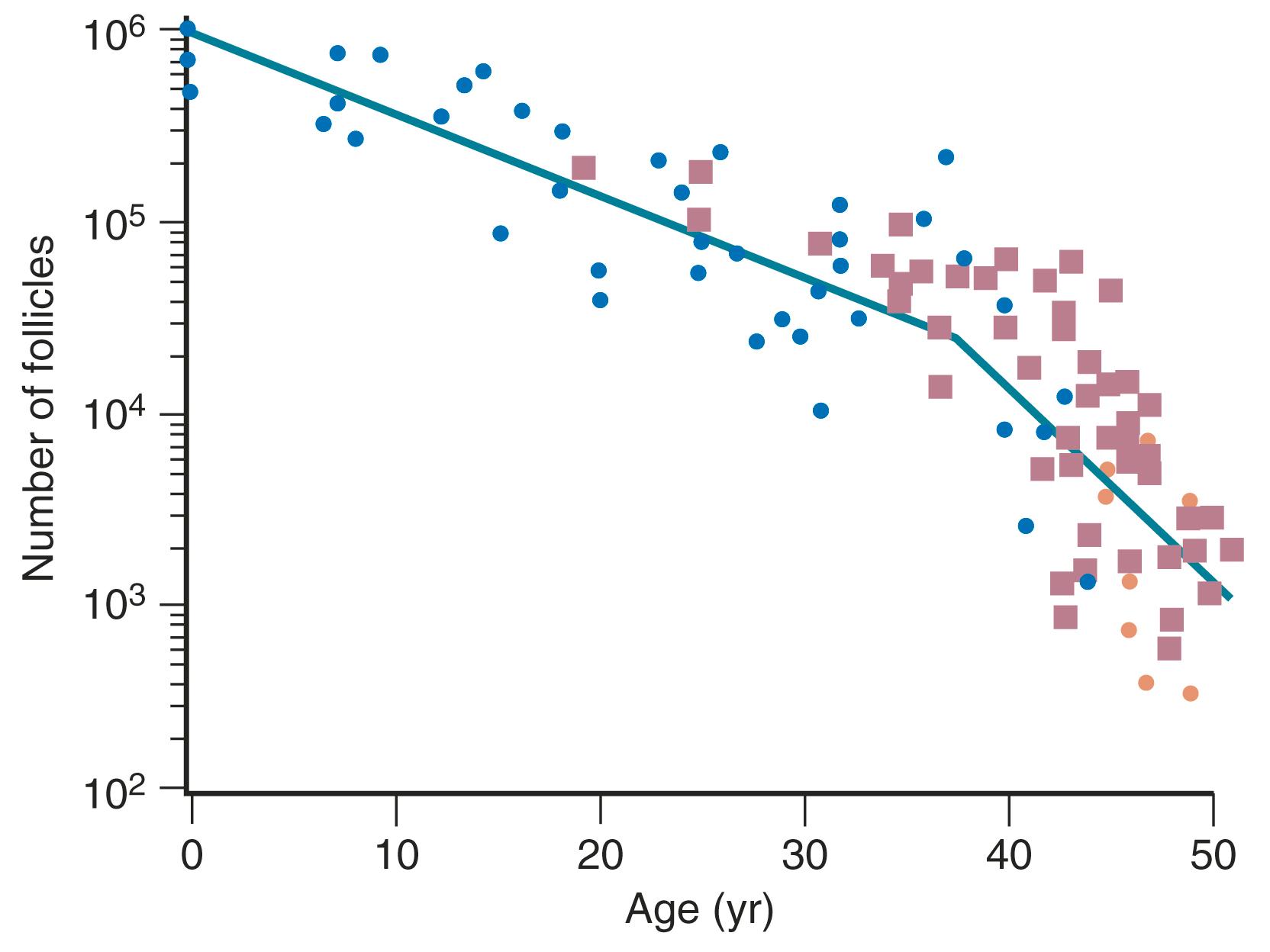 Fig. 14.4, The age-related decrease in the total number of primordial follicles (PFs) within both human ovaries from birth to menopause.
