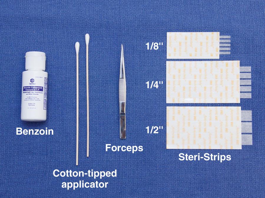Figure 35.1, Equipment required for the application of wound tape. Wound tape (3M Steri-Strip brand depicted here) comes in a variety of widths. The use of benzoin helps Steri-Strips stay in place longer.