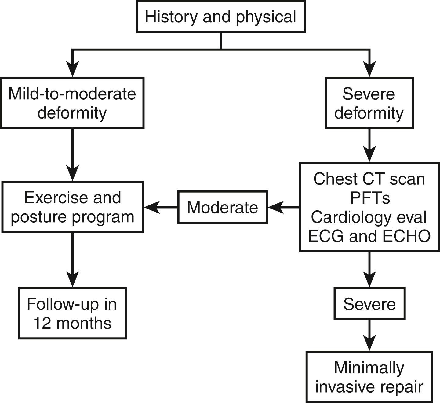 Fig. 40-1, Algorithm showing evaluation of patients with pectus excavatum at Children’s Hospital of the King’s Daughters, in Norfolk, VA.