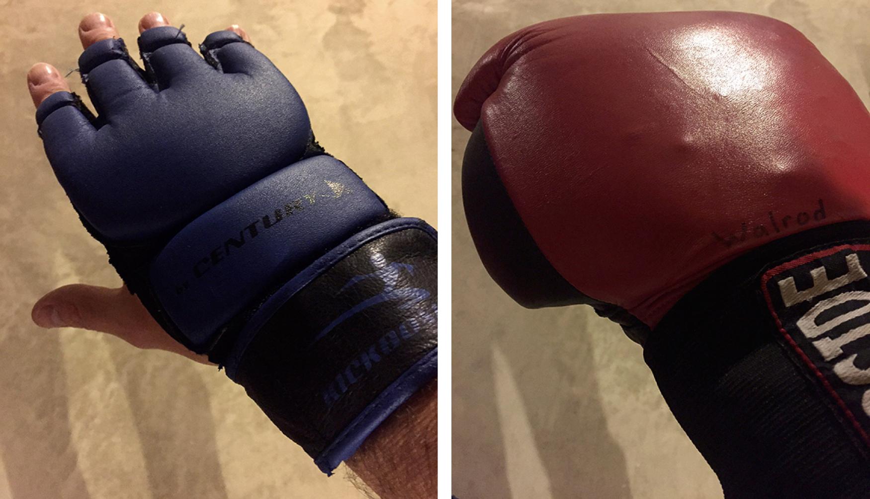 Figure 89.1, The glove on the left is a traditional 4–6 ounce MMA open finger glove; the glove on the right is a typical 10–16 ounce boxing glove.