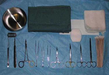 FIGURE 45.11, Typical patient-specific Mohs tray set-up that functions as both surgery and repair tray. Instruments included in this set, from left to right, are a 4-mm Fox dermal curette; no.3 knife handle with ruler (with no.15 blade attached); Webster/Halsy needle holder; Adson Brown forceps 7 × 7; Castro–Viejo fixation forceps with suture platform; Carmalt splinter forceps; Hartman mosquito curved hemostat; Kaye scissors (tungsten carbide handle); iris scissors; Deaver (sharp blunt) suture scissors. Also present are a basin for sterile saline; surgical razor blade; sterile towels; one eye pad; 10 sterile 4 × 4 gauze; non-adherent dressing; and 10–20 cotton-tipped applicators.